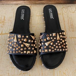 Gold-Studded Black Leather Slides